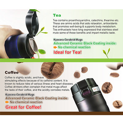 Kyocera Ceramic Coated Cerabrid Mug showcasing benefits for tea and coffee with advanced ceramic coating.