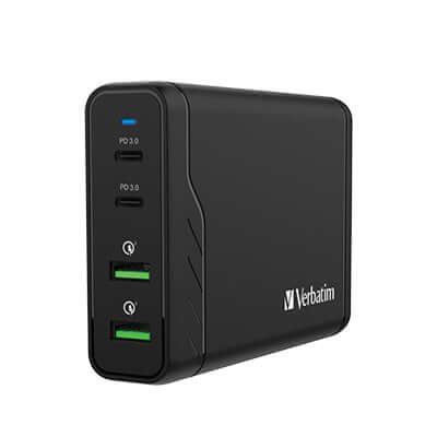 Verbatim 4 Port 100W PD & QC 3.0 USB Charger (AC Power Cord) for efficient device charging.