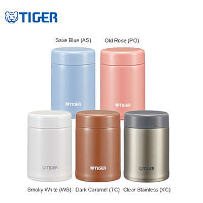 Tiger Wide Mouth Stainless Steel Bottle MCA-C available in various colors including Saxe Blue, Old Rose, Smoky White, Dark Caramel, and Clear Stainless.
