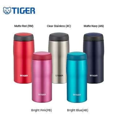 Tiger Portable Stainless Steel Tumbler MJA-B available in Matte Red, Clear Stainless, Matte Navy, Bright Pink, and Bright Blue.