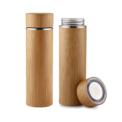 Eco Friendly BPA Free Bamboo Glass Water Bottle shown with bamboo exterior and stainless steel lid.