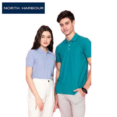 Couple wearing North Harbour Soft-Touch Polo T-Shirt, showcasing stylish comfort perfect for corporate gifts.