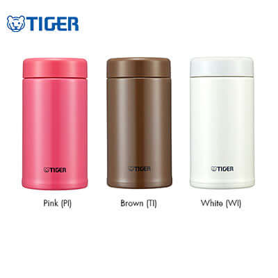Tiger Vacuum Insulated Stainless Steel Mug with Tea Strainer MCA-T available in Pink, Brown, and White colors.