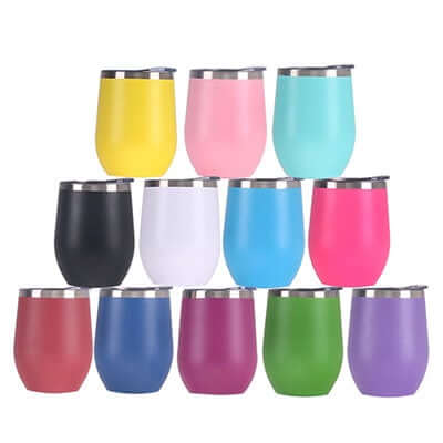 12oz Double Wall Stainless Steel Tumbler in various colors arranged together.