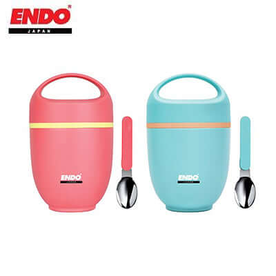 ENDO 650ml Double S/S Vacuum Food Jar in pink and blue with extendable spoon, perfect for corporate gifts.