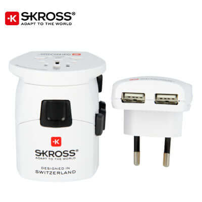 SKROSS Travel Adaptor PRO + USB universal charger with dual USB ports, designed for global use and corporate gift.