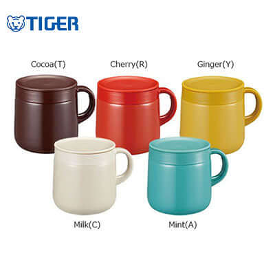 Tiger Stainless Steel Mug 0.28L MCI-A in five colors: Cocoa, Cherry, Ginger, Milk, Mint - perfect corporate gift.