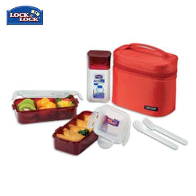Lock & Lock 2-tier BPA Free Lunch Box and Water Bottle Set with handle and zip closure for easy transport.