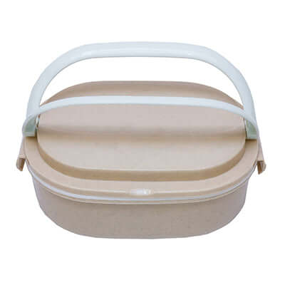 Oval Wheat Fiber Lunch Box with spoon featuring an eco-friendly design and a convenient handle.