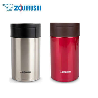 ZOJIRUSHI Stainless Steel Vacuum Food Jar in silver and red, perfect for keeping meals hot or cold.