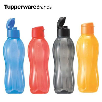 Tupperware Eco Bottle 1000ml with Fliptop in blue, red, gray, and orange colors, perfect for hydration.