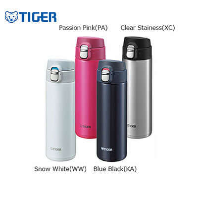 Tiger Stainless Steel Tumbler MMJ-A in Snow White, Passion Pink, Blue Black, and Clear Stainless colors.