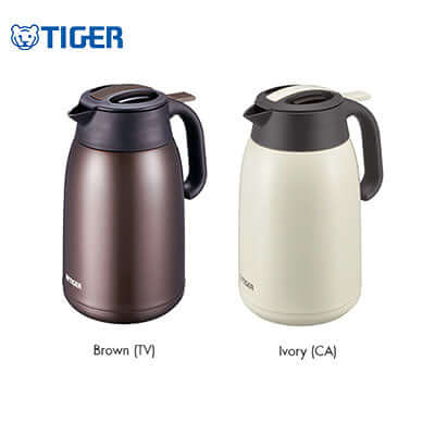 Tiger Stainless Steel Handy Jug 1200ml / 1600ml / 2000ml PWM-B in brown and ivory colors.
