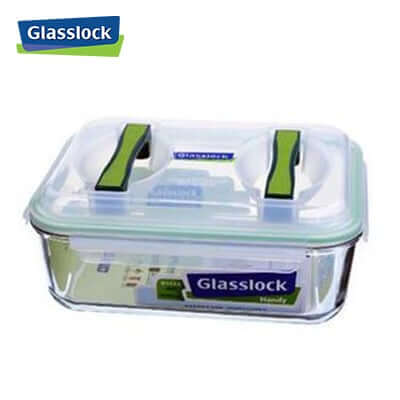 4500ml Glasslock Handy Container with transparent design and green sealing clips for food storage.