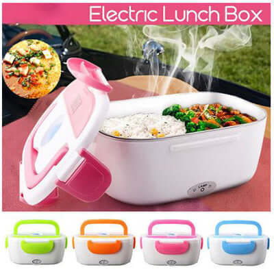 Electric Food Warmer Lunch Box with steaming rice and vegetables, perfect for easy meals on the go.