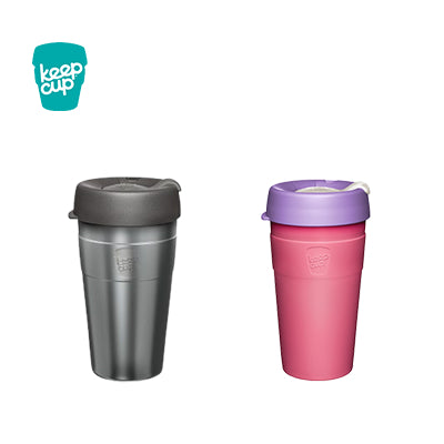 KeepCup Thermal Cup 16oz in grey and pink, ideal for corporate gifts, stylish and insulated for hot or cold drinks.