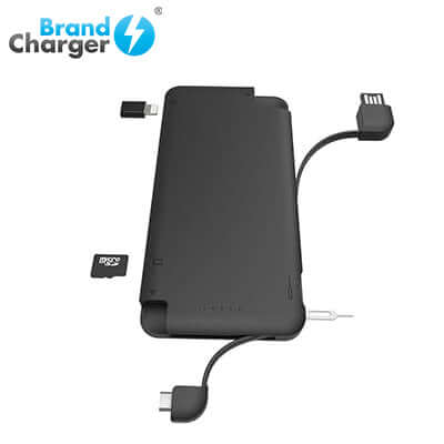 BrandCharger iQ+ Powerbank with Syncing Cable, Card Reader and Portable Data Storage on a white background.