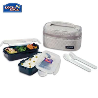 Lock & Lock 2-tier BPA Free Lunch Box with Cutlery with food containers and cutlery set.