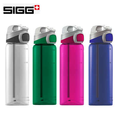 SIGG Miracle 600ml Tritan Water Bottle in various colors: clear, green, pink, and blue.