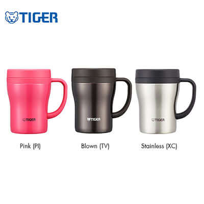Tiger Stainless Steel Mug with Tea Strainer CWN-A in pink, blown, and stainless colors.