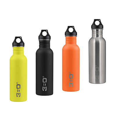 360 Degrees Single Wall Water Bottle 750ML in various colors including yellow, black, orange, and stainless steel.