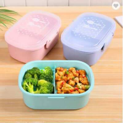 Eco Wheat Straw Food Container with Compartment in blue, green, and pink for eco-friendly lunch options.
