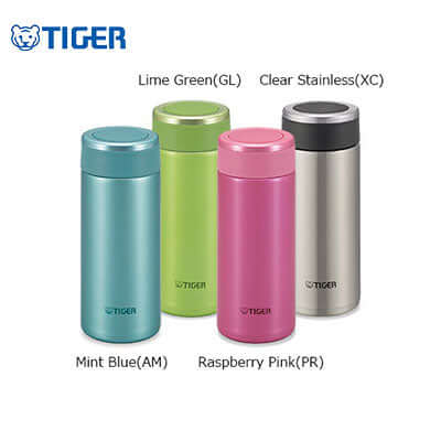 Tiger Stainless Steel Mug MMW-A in four colors: Mint Blue, Lime Green, Raspberry Pink, and Clear Stainless.