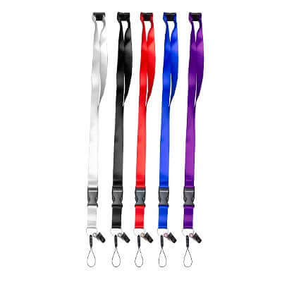 20mm Nylon Lanyard with safety breakaway, buckle and Handphone Clip in various colors: white, black, red, blue, and purple.