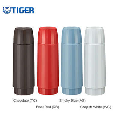 Tiger Simplicity Stainless Steel Bottle MSK-A in four colors: Chocolate, Brick Red, Smoky Blue, Grayish White.