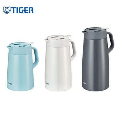 Tiger Stainless Steel Lined Handy Jug 1200ml / 1600ml / 2000ml PWO-A in blue, white, and gray.