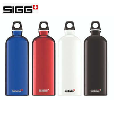 Four SIGG Traveller 1L Aluminium Water Bottles in blue, red, white, and black colors.