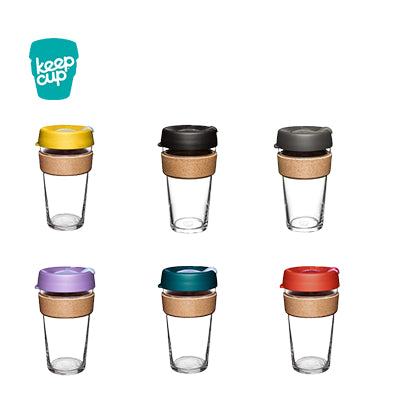 KeepCup Brew Cork Cup 16oz in various colors, featuring a stylish cork band and durable glass design.