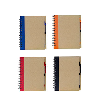 Eco-Friendly Notebook with Pen Set in four colors: blue, orange, red, and black, perfect corporate gift and sustainable choice.
