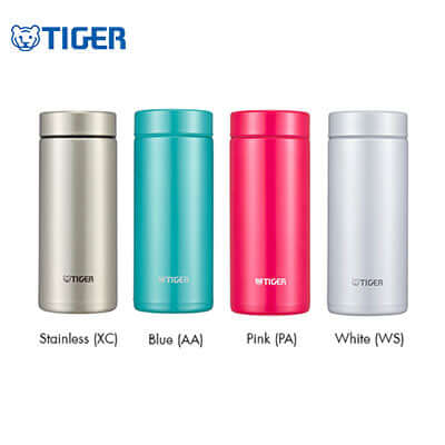 Tiger Stainless Steel Vacuum Insulated Mug MMZ-A1 in four colors: Stainless, Blue, Pink, White.