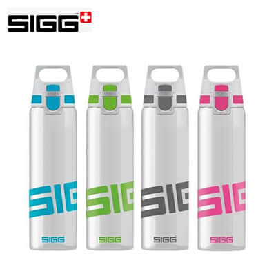 Four SIGG Total Clear One 750ml Water Bottles in different colors, ideal for corporate gifts.