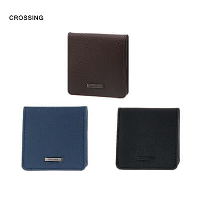Crossing Elite Leather Coin Pouch in three colors: brown, blue, and black, perfect corporate gift for organization.
