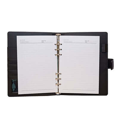 A5 PU Ring-Binder Notebook with blank pages open showcasing its sleek and professional interior features.