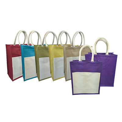 Eco Friendly Jute Tote Bag with Canvas Pocket in various colors lined up for display.