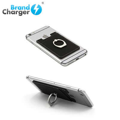 BrandCharger Liberty Smartphone RFID Blocking Holder with Ring Handle attached to a smartphone for secure credit card storage.