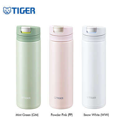 Tiger Stainless Steel Tumbler MMX-A in Mint Green, Powder Pink, and Snow White colors.