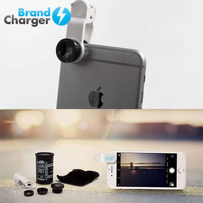 BrandCharger Lenso Smartphone Clip on Photography lens attached to a smartphone, showcasing its lens kit features.