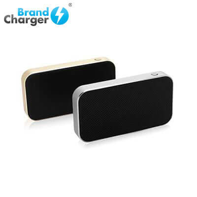 BrandCharger Nano Slim Bluetooth Wireless Speaker in silver and gold, perfect for corporate gifts.