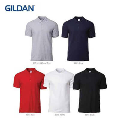 Gildan Premium Cotton Sport Polo in various colors: Sport Grey, Navy, Red, White, and Black. Perfect for corporate gifts.