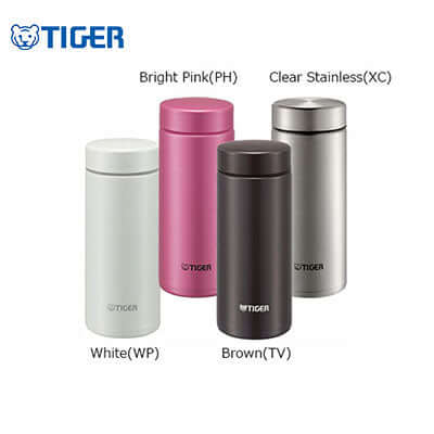 Tiger Stainless Steel Mug MMZ-A in various colors: White, Bright Pink, Clear Stainless, and Brown.