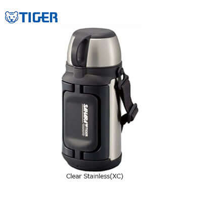 Tiger Stainless Steel Flask Bottle MHK-A featuring a sleek design and convenient carrying strap.