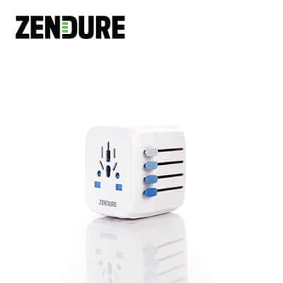 Zendure Passport Travel Adapter for international travel with auto resetting fuse and baby proof outlet.