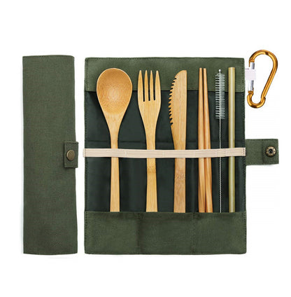 Eco-friendly 6 Pieces Bamboo Cutlery Set in green travel pouch with spoon, fork, knife, chopsticks, straw, and brush.
