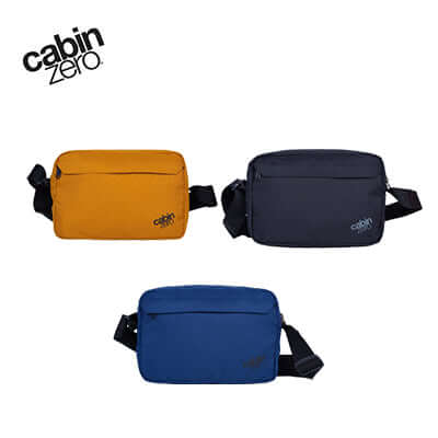 Cabinzero Flipside Shoulder Bag 3L in three colors: orange, navy, and blue, ideal for corporate gifts.