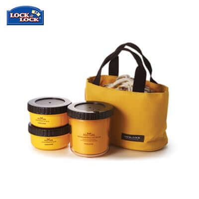 Lock & Lock 3 Pieces Rounded Lunch Box Set with yellow bag and containers.