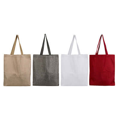 Canvas jute bag in various colors including beige, black, white, and red, ideal for eco-friendly corporate gifts.